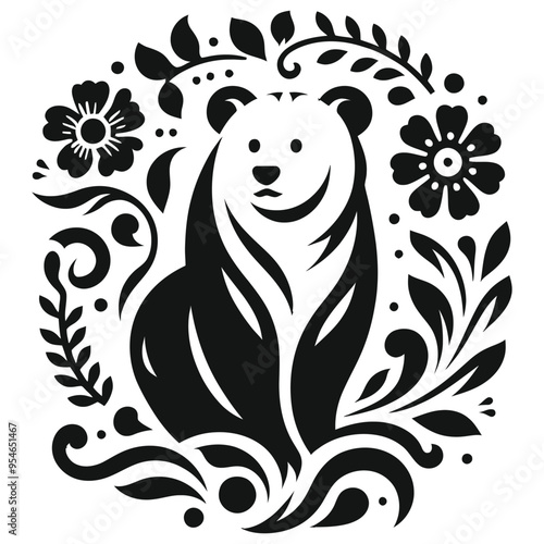 Wallpaper Mural Stylized bear vector illustration in black and white, floral elements, wall art or tattoo design Torontodigital.ca