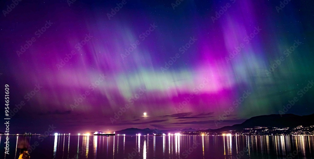 Fototapeta premium Northern Lights Illuminating the Horizon Over Vancouver, Canada