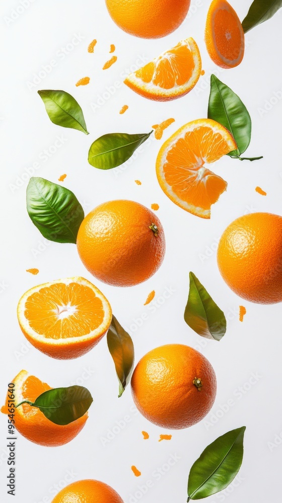 Flying fresh raw whole and sliced oranges with leaves on white background. Falling oranges Flying fresh raw whole and sliced oranges with leaves on white background. Falling oranges