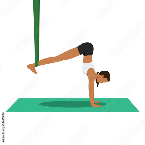 Young woman doing Handstand Pose Prep Aerial or Adho Mukha Vrksasana Prep Aerial yoga exercise. Flat vector illustration isolated on white background