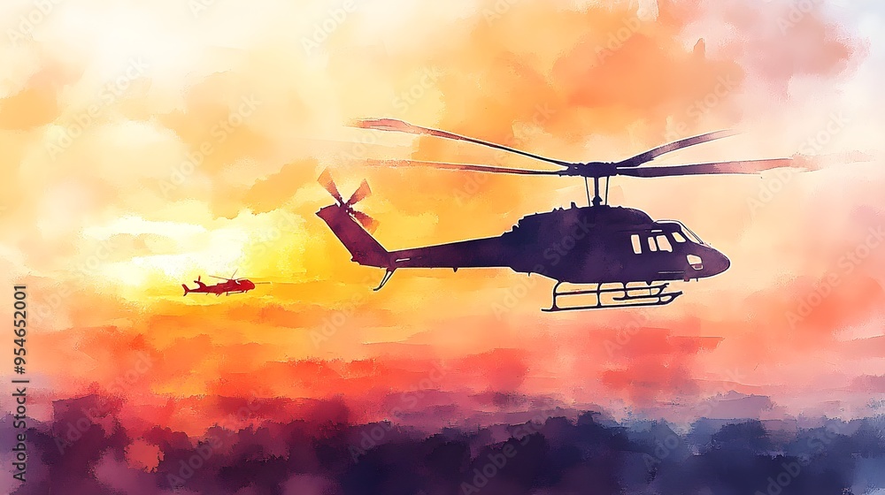 A delicate watercolor depiction of a helicopter in harmony with an airplane, gliding through soft pastel skies, their silhouettes framed by a golden sunset A delicate watercolor depiction of a helicopter in harmony with an airplane, gliding through soft pastel skies, their silhouettes framed by a golden sunset