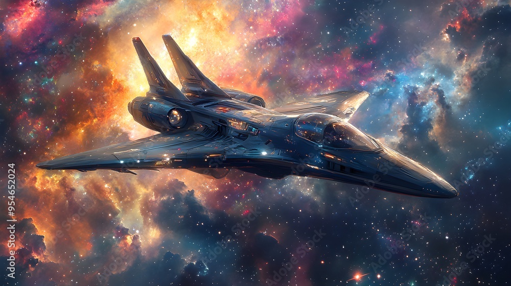 Obraz premium Sleek futuristic aircraft gliding through the vastness of space, with colorful galaxies and shimmering stars in the background, oil painting style, watercolor