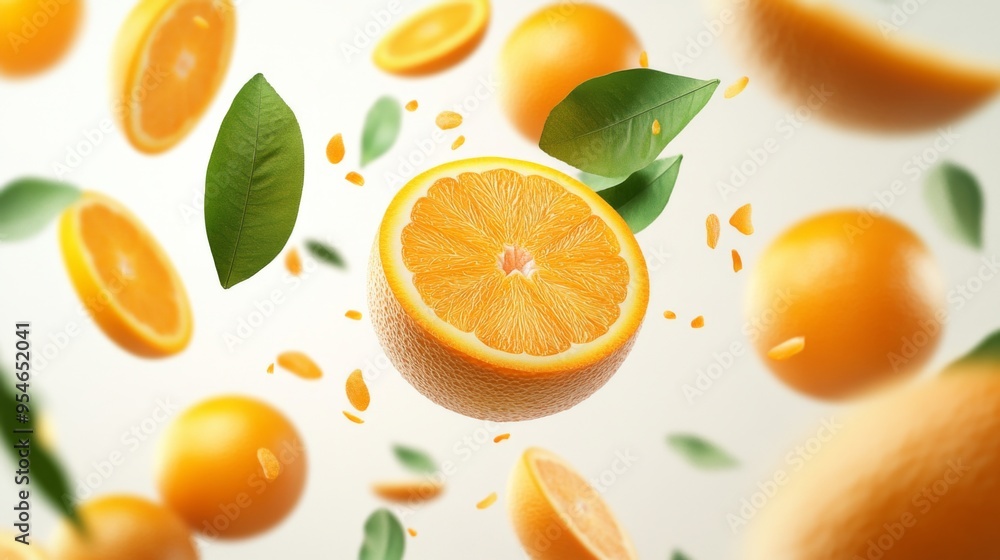 Flying fresh raw whole and sliced oranges with leaves on white background. Falling oranges Flying fresh raw whole and sliced oranges with leaves on white background. Falling oranges