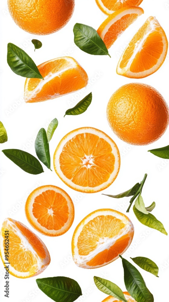 Flying fresh raw whole and sliced oranges with leaves on white background. Falling oranges Flying fresh raw whole and sliced oranges with leaves on white background. Falling oranges