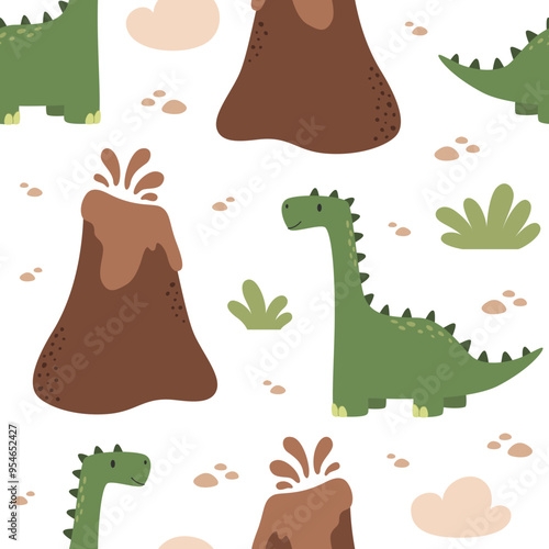 Cute vector childish seamless pattern with brachiosaurus