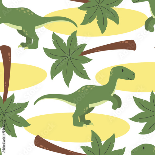 Cute vector childish seamless pattern with allosaurus