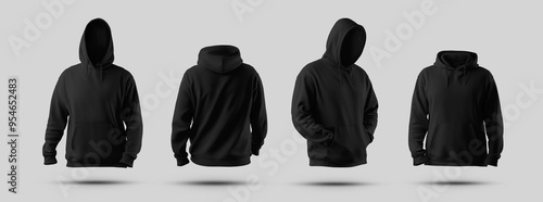 Mockup black hoodie oversize 3D rendering, fashion clothes for design, branding, pattern, front, side, back view. Set