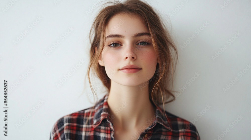 European woman in plaid shirt standing on white background European woman in plaid shirt standing on white background