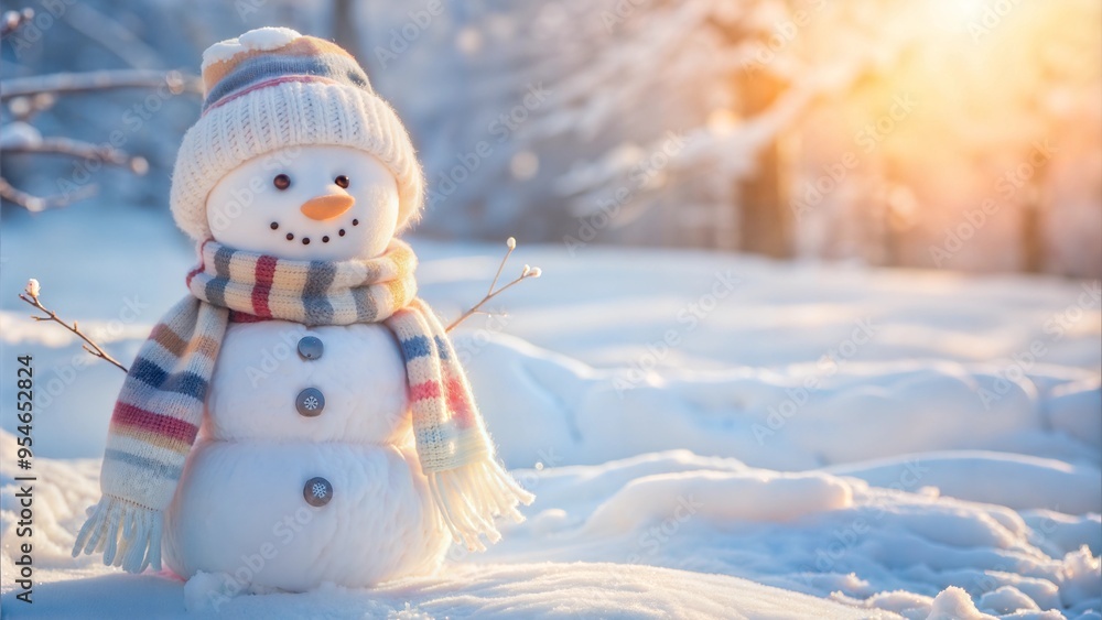 Obraz premium Merry Christmas snowman on a snowy field in a colorful hat and scarf for winter projects,holiday cards,calendars and children's books.Christmas holiday card
