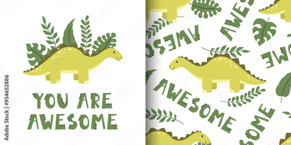 Obraz premium Cute vector childish poster and seamless pattern with dinosaur