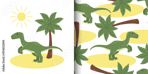 Cute vector childish poster and seamless pattern with allosaurus
