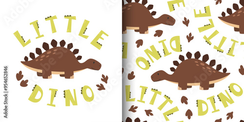 Cute vector childish poster and seamless pattern with stegosaurus