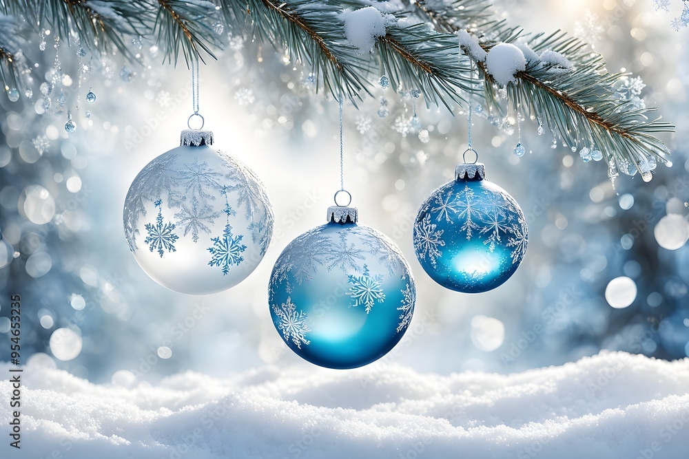 abstract illustration of a set of ornate Christmas ornaments hanging on a snow-covered pine tree branch abstract illustration of a set of ornate Christmas ornaments hanging on a snow-covered pine tree branch