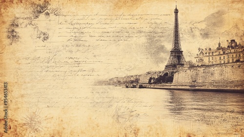 Vintage view of the Eiffel Tower with river reflections, showcasing Parisian elegance and history.