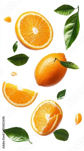 Flying fresh raw whole and sliced oranges with leaves on white background. Falling oranges