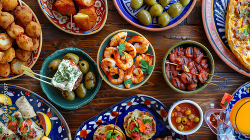 A colorful spread of tapas including crispy patatas