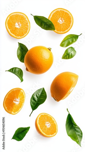 Flying fresh raw whole and sliced oranges with leaves on white background. Falling oranges