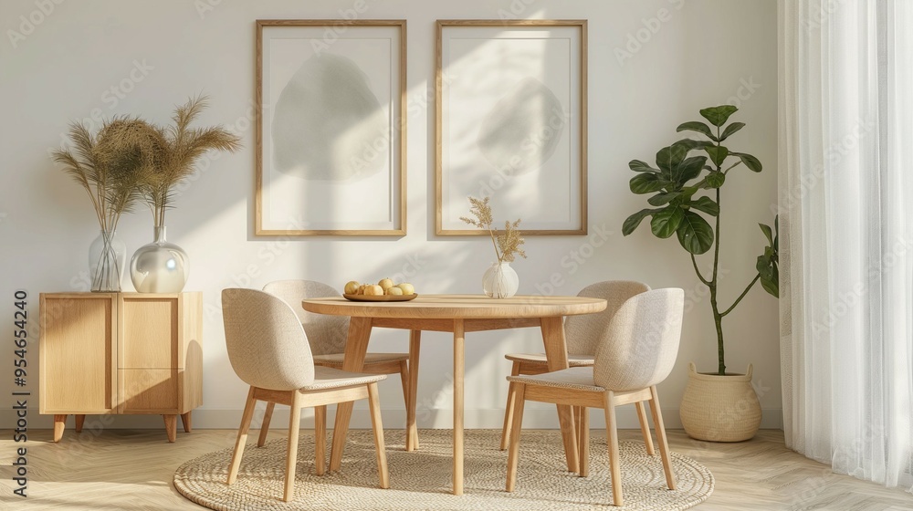 Modern home room interior with wood table and chairs Modern home room interior with wood table and chairs