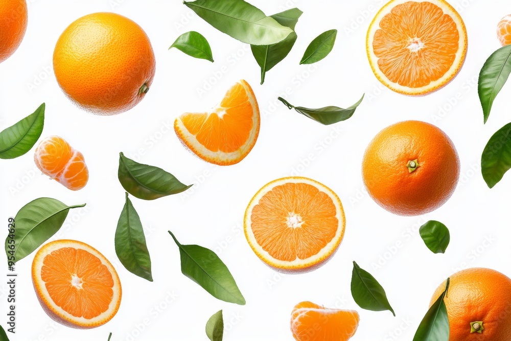 Flying fresh raw whole and sliced oranges with leaves on white background. Falling oranges Flying fresh raw whole and sliced oranges with leaves on white background. Falling oranges