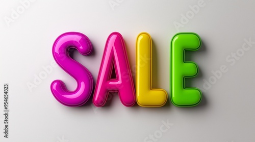 The word Sale is written in a colorful font on a white background. The font is made of different colors, giving the word a playful and eye-catching appearance. Concept of excitement and anticipation