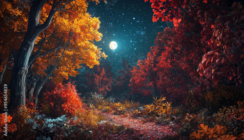 A serene nighttime forest scene illuminated by a full moon, featuring vibrant autumn foliage and a winding path.