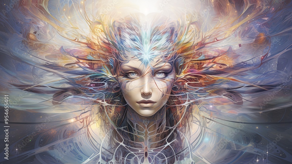 It is an artistic painting featuring a woman who has an eyecatching and colorful hairdo that stands out beautifully against the backdrop It is an artistic painting featuring a woman who has an eyecatching and colorful hairdo that stands out beautifully against the backdrop