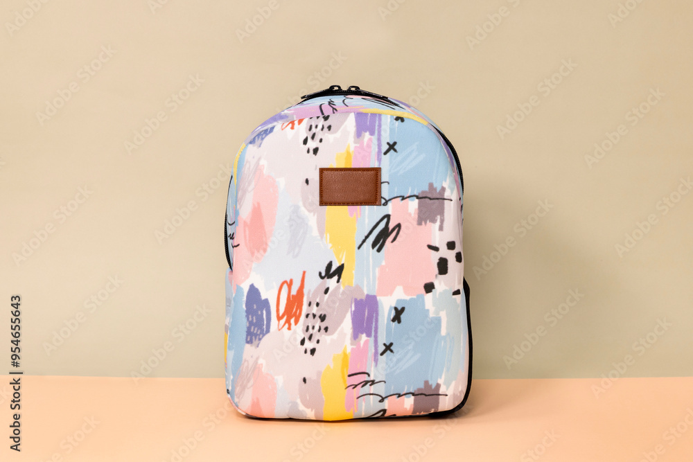 School bag and school supplies on a colorful background. We're going back to school. School bag and school supplies on a colorful background. We're going back to school.