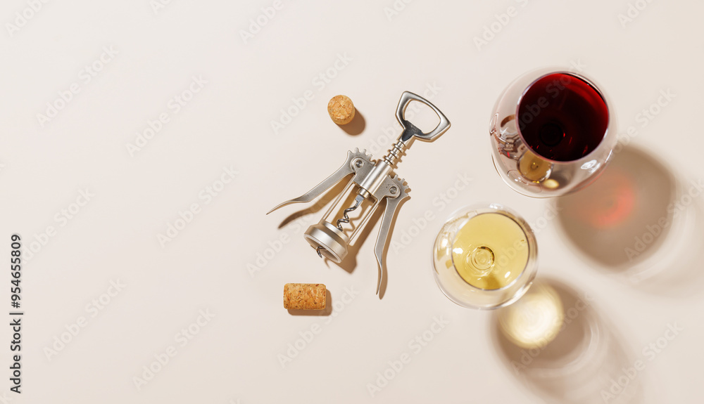 Two wine glasses alongside a corkscrew and several corks Two wine glasses alongside a corkscrew and several corks