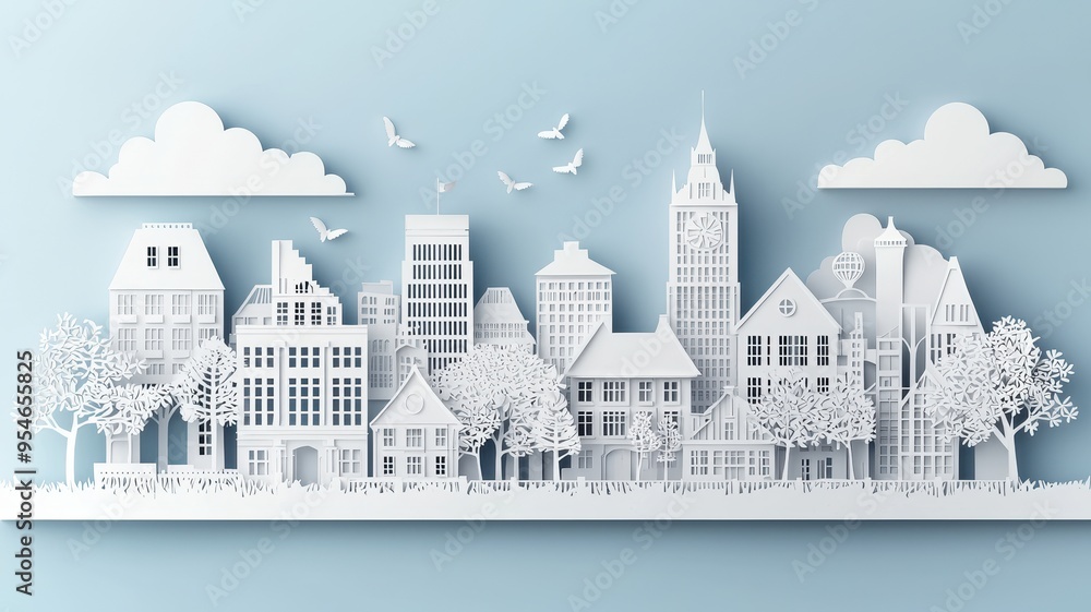 A whimsical paper cut cityscape featuring detailed buildings, trees, and clouds, creating a serene urban atmosphere. A whimsical paper cut cityscape featuring detailed buildings, trees, and clouds, creating a serene urban atmosphere.