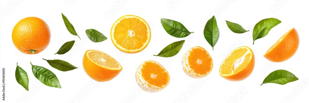 Flying fresh raw whole and sliced oranges with leaves on white background. Falling oranges Flying fresh raw whole and sliced oranges with leaves on white background. Falling oranges