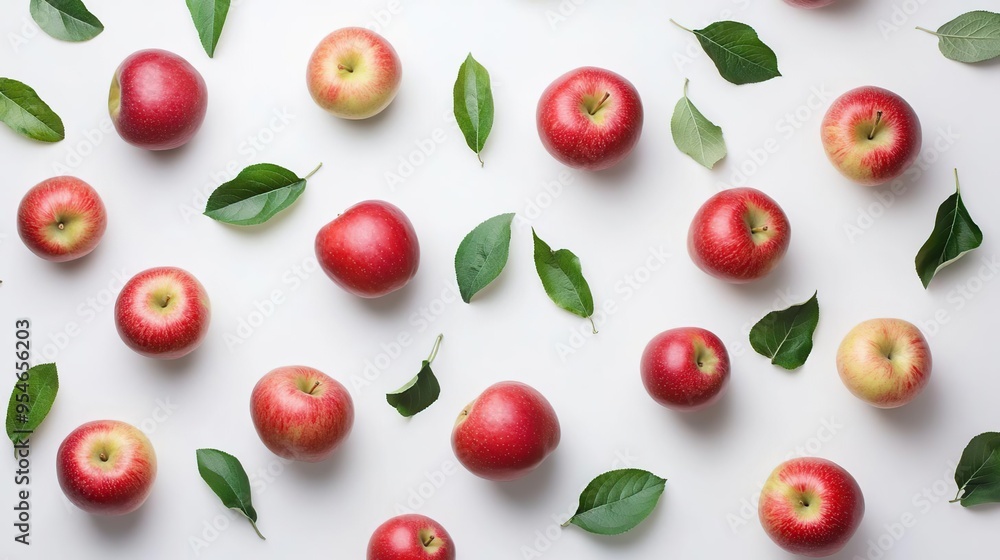 A flat lay of red apples and green leaves on a white background. A flat lay of red apples and green leaves on a white background.