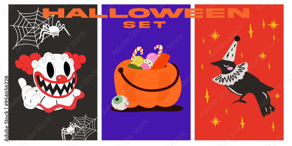 Halloween vector flat banner in retro style. Spooky season illustration with inscription. Collection of vertical Halloween posters Halloween vector flat banner in retro style. Spooky season illustration with inscription. Collection of vertical Halloween posters
