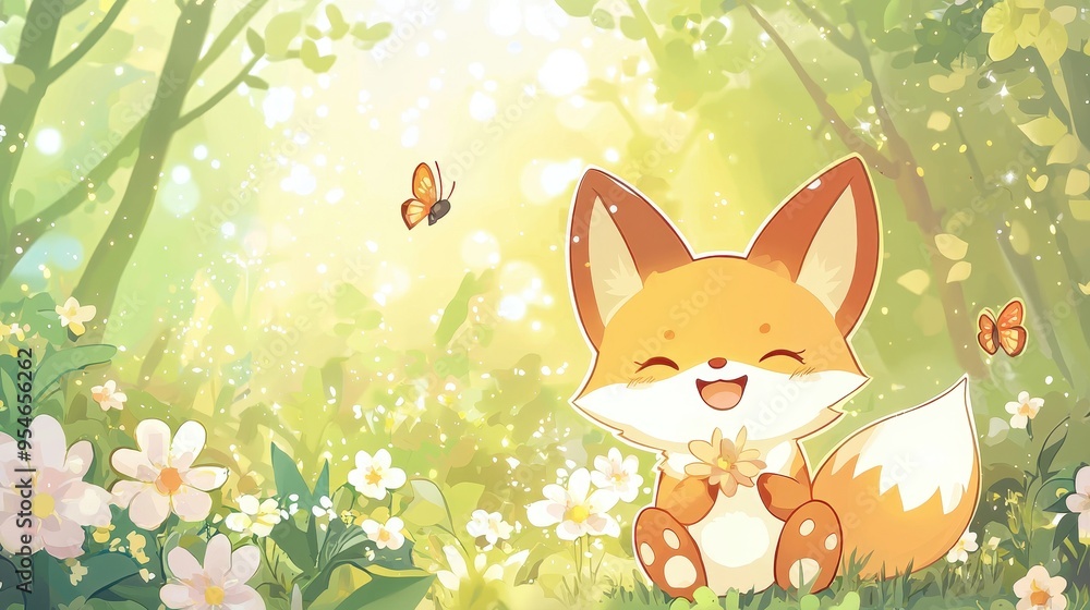 Cheerful cartoon chibi fox and colorful butterflies in big spring forest. Surrounded by flowers and nature Cheerful cartoon chibi fox and colorful butterflies in big spring forest. Surrounded by flowers and nature