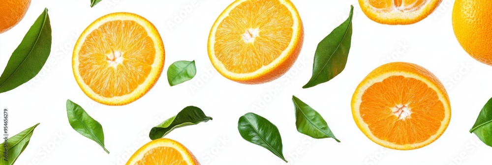 Flying fresh raw whole and sliced oranges with leaves on white background. Falling oranges Flying fresh raw whole and sliced oranges with leaves on white background. Falling oranges