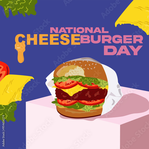 Fast food posters. Vector fast food in flat style. National burger day. Cheeseburger modern poster. Burger colorful banner and inscription