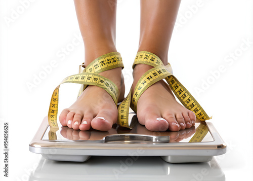 Close-up, Woman feet standing on weigh scales and measure tape on white background photo