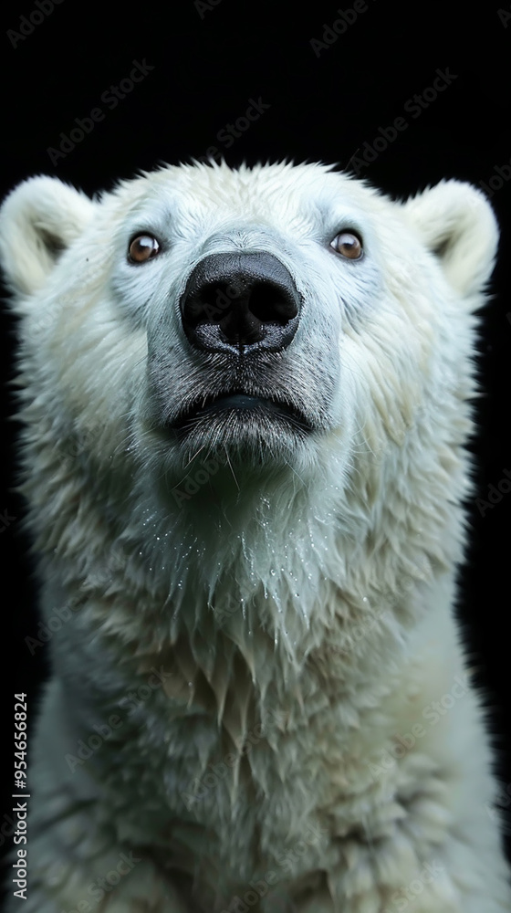 Obraz premium Close-Up Portrait of a Polar Bear Against a Dark Background Capturing Intense Expression