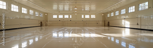 Spacious and Bright Empty Gymnasium with Polished Floors and Large Windows photo