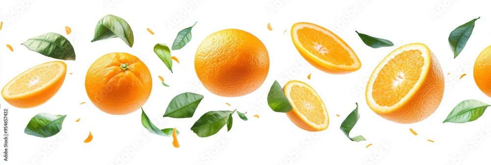 Flying fresh raw whole and sliced oranges with leaves on white background. Falling oranges Flying fresh raw whole and sliced oranges with leaves on white background. Falling oranges