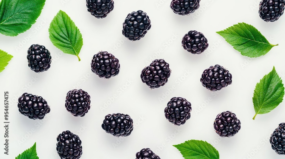 A flat lay of blackberries and green leaves on a white background. A flat lay of blackberries and green leaves on a white background.