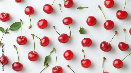 A flat lay of bright red cherries scattered on a white surface, showcasing their freshness.