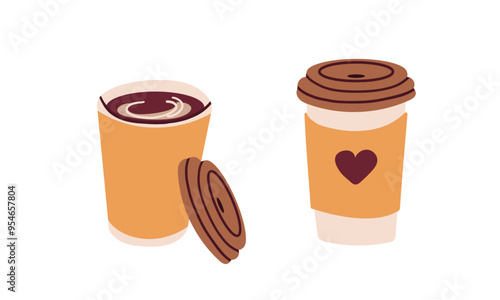 Hot or cold coffee beverage with cute doodle decoration. Espresso, americano cup, cappuccino and latte in glasses. Vector illustration hand drawn style.