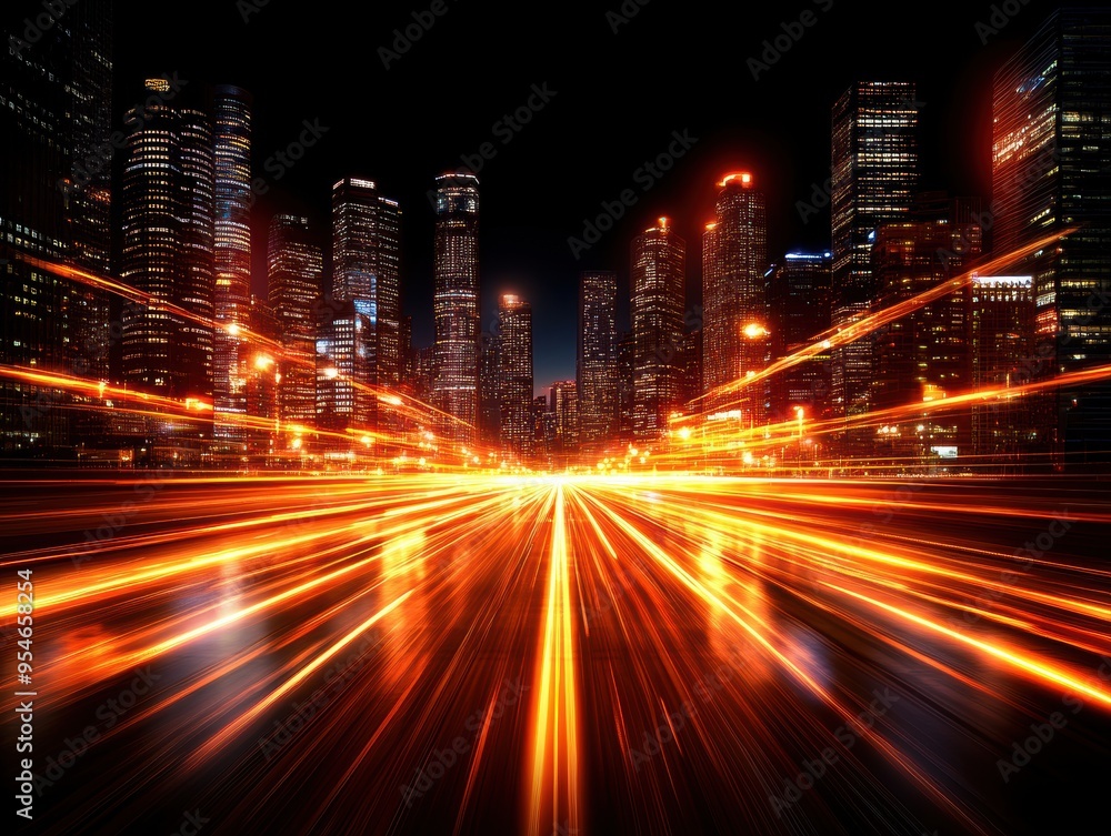 Dynamic cityscape with vibrant light trails, showcasing the energy and speed of urban nightlife against a dark skyline. Dynamic cityscape with vibrant light trails, showcasing the energy and speed of urban nightlife against a dark skyline.