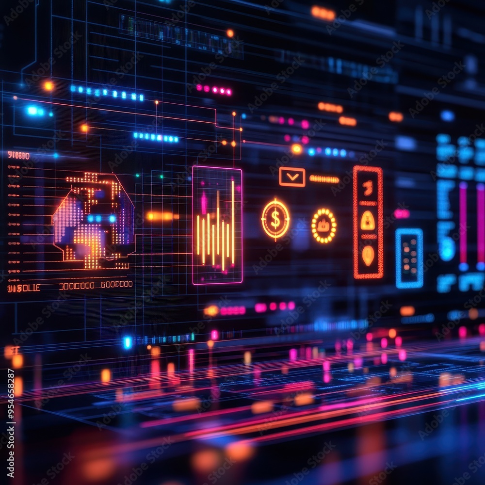 Dynamic digital interface showcasing vibrant data visualizations and icons for technology and finance concepts. Dynamic digital interface showcasing vibrant data visualizations and icons for technology and finance concepts.