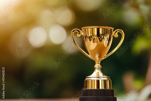 A golden trophy with two handles stands on a black base, against a background of warm, out-of-focus lights. Achievement success in education award concept. Winner gold cup cup with bokeh background