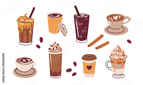 Hot or cold coffee beverage with cute doodle decoration. Espresso, americano cup, cappuccino and latte in glasses. Vector illustration hand drawn style.