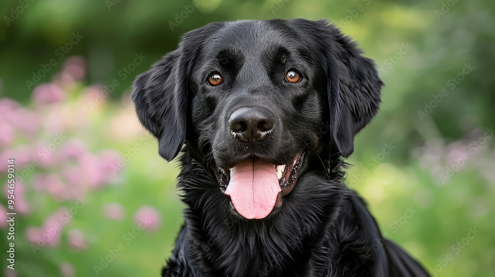 Happy Black Labrador Retriever with Tongue Out in a Lush Green Outdoor Garden Happy Black Labrador Retriever with Tongue Out in a Lush Green Outdoor Garden