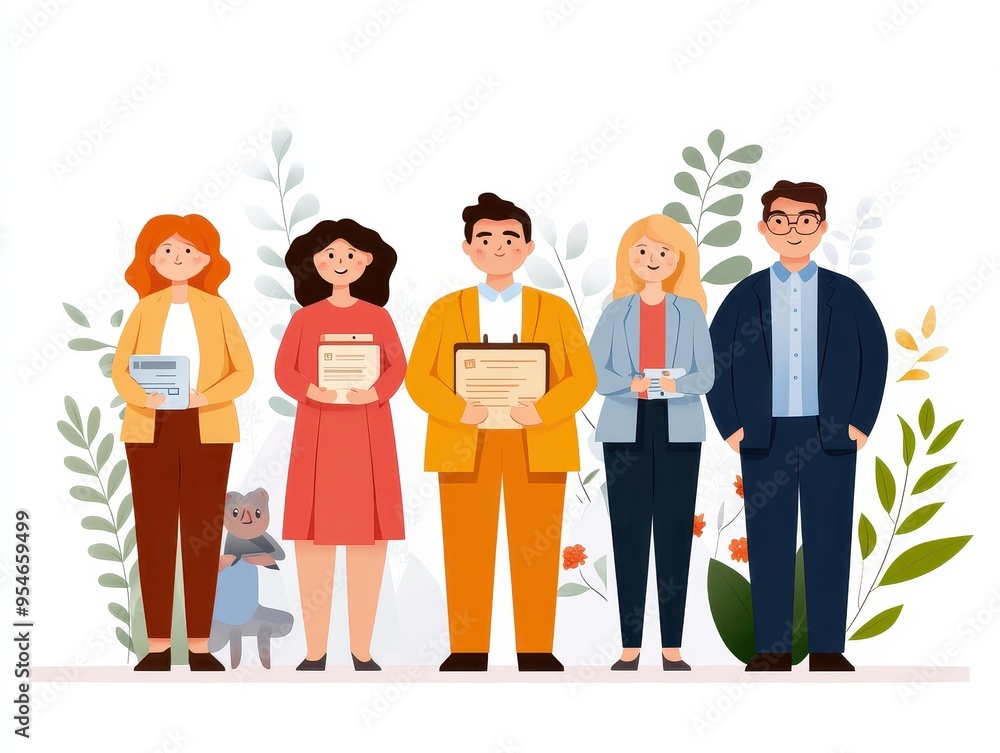 Five animated characters celebrating achievements, displaying certificates with a cute animal companion in a vibrant, leafy background. Five animated characters celebrating achievements, displaying certificates with a cute animal companion in a vibrant, leafy background.