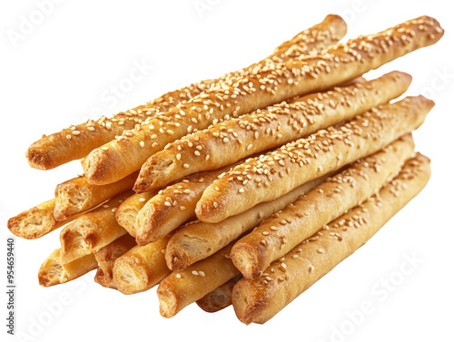 Sesame breadsticks on white background, golden and crispy. photo