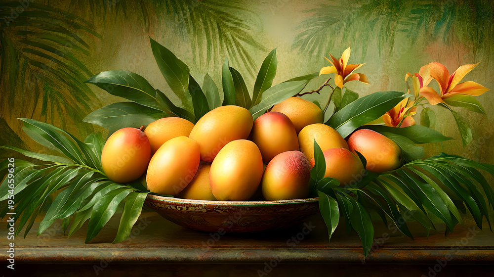 Mangoes with green leaves, arranged in a bowl with a tropical background Mangoes with green leaves, arranged in a bowl with a tropical background